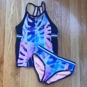 Athleta Girl L/12 Blue Print Tankini Swim Suit Top Bottom
